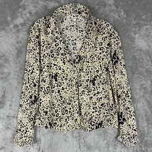 Zara TRF Women Leopard Print Button Down Shirt Blouse Cream Black Small Pockets